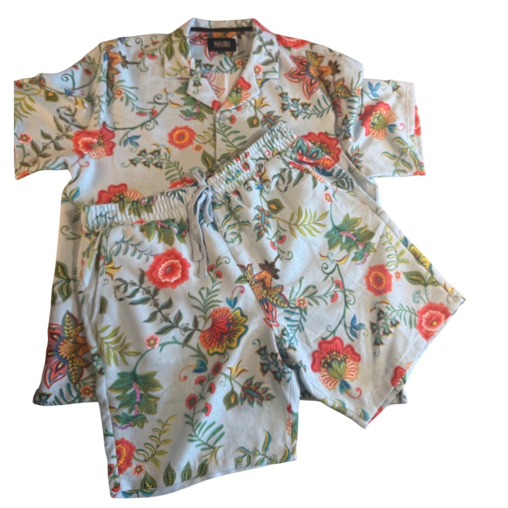 Malibu by Drill Clothing Co Mens XL Floral Camp Shirt and Shorts 2 Piece Blue - Picture 8 of 14